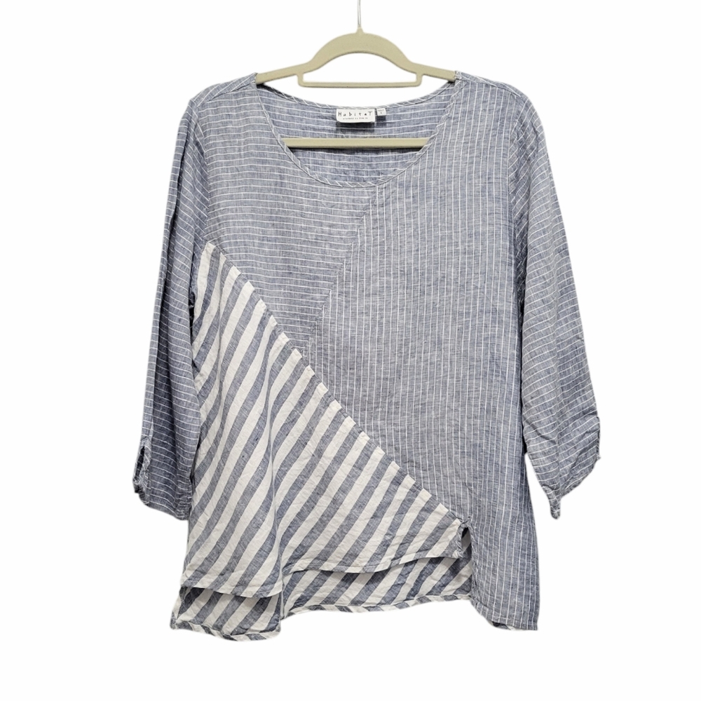 Habitat Womens Small 100% Linen Tunic Top Chambray Blue Stripe Boxy Coastal